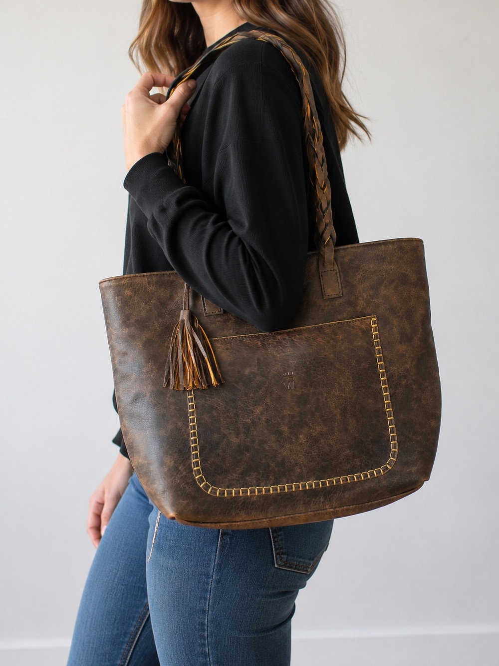 Weimeibaige Distressed Brown Western Tote Braided Handles Boho Bag
